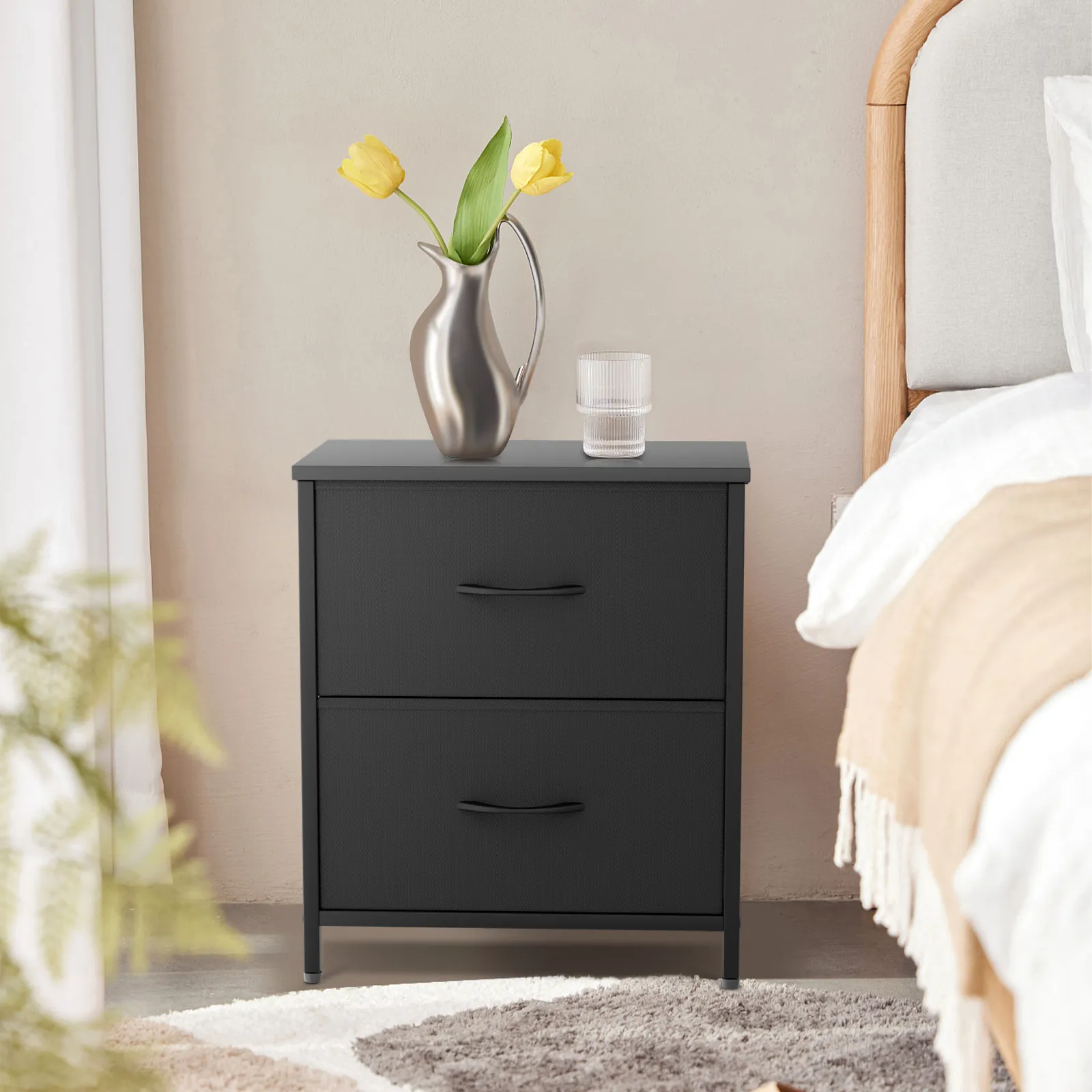 21" Nightstand Fabric Drawer Metal Frame, 2-Drawer