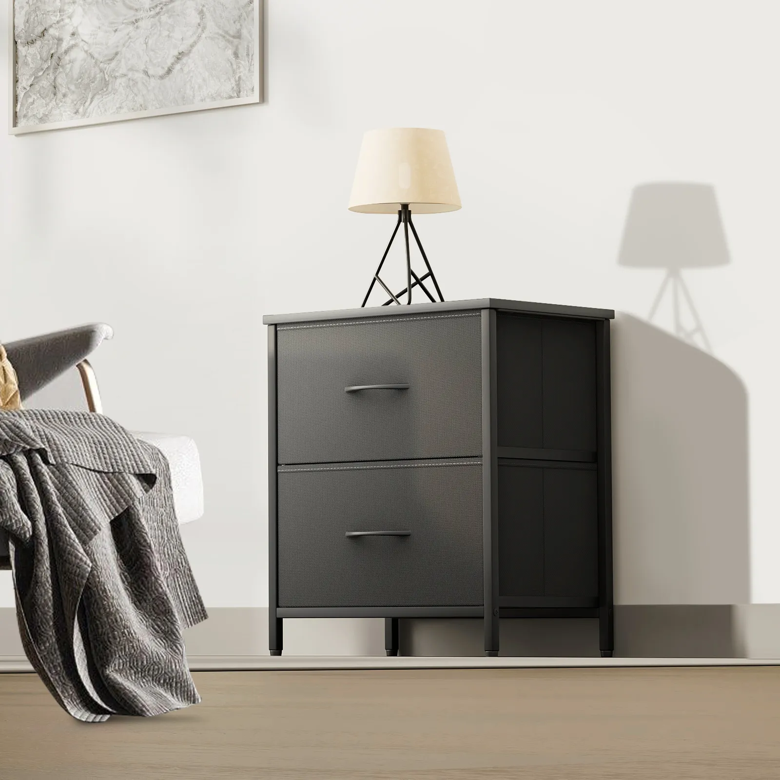 21" Nightstand Fabric Drawer Metal Frame, 2-Drawer