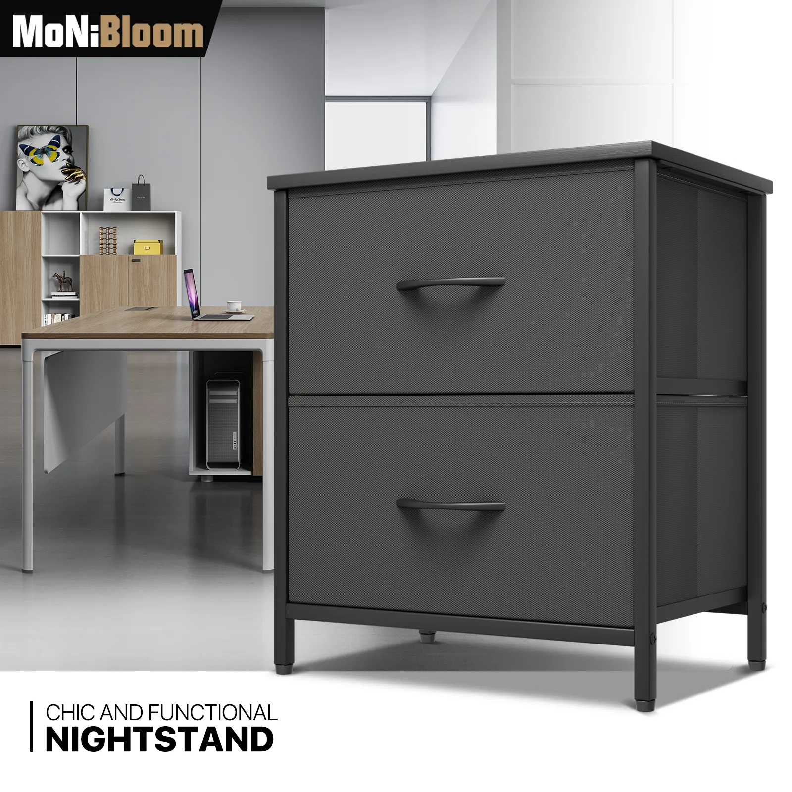 21" Nightstand Fabric Drawer Metal Frame, 2-Drawer