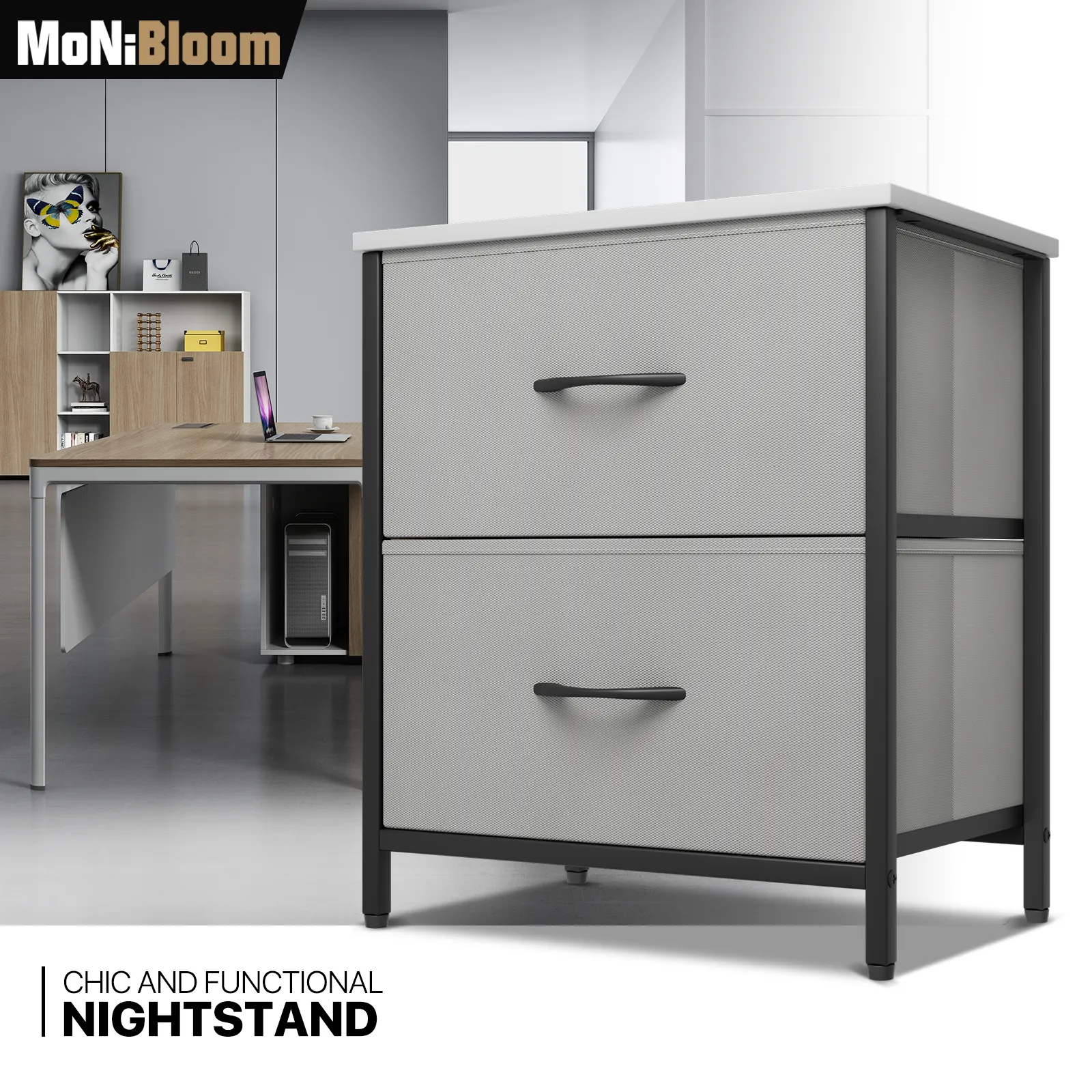 21" Nightstand Fabric Drawer Metal Frame, 2-Drawer