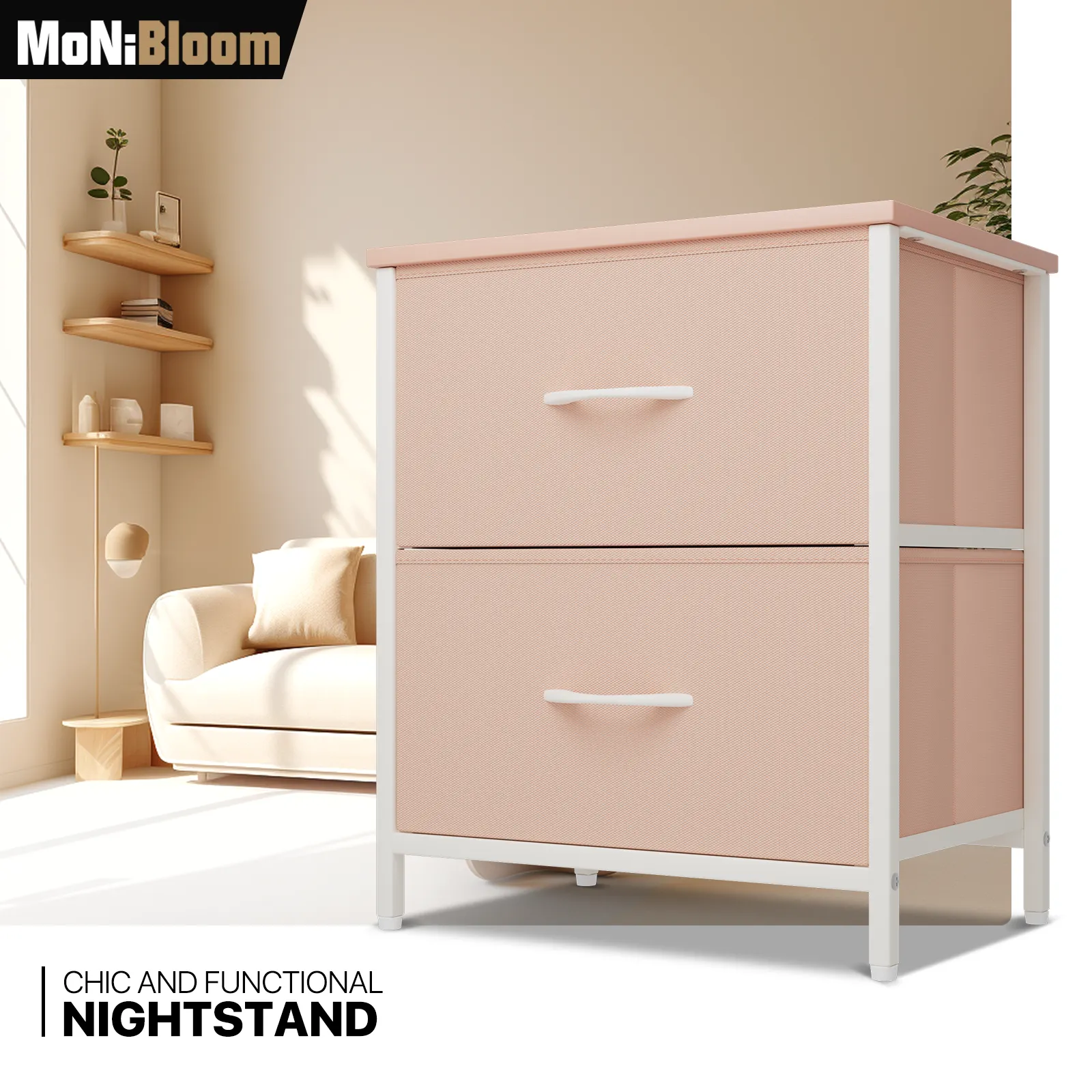 21" Nightstand Fabric Drawer Metal Frame, 2-Drawer