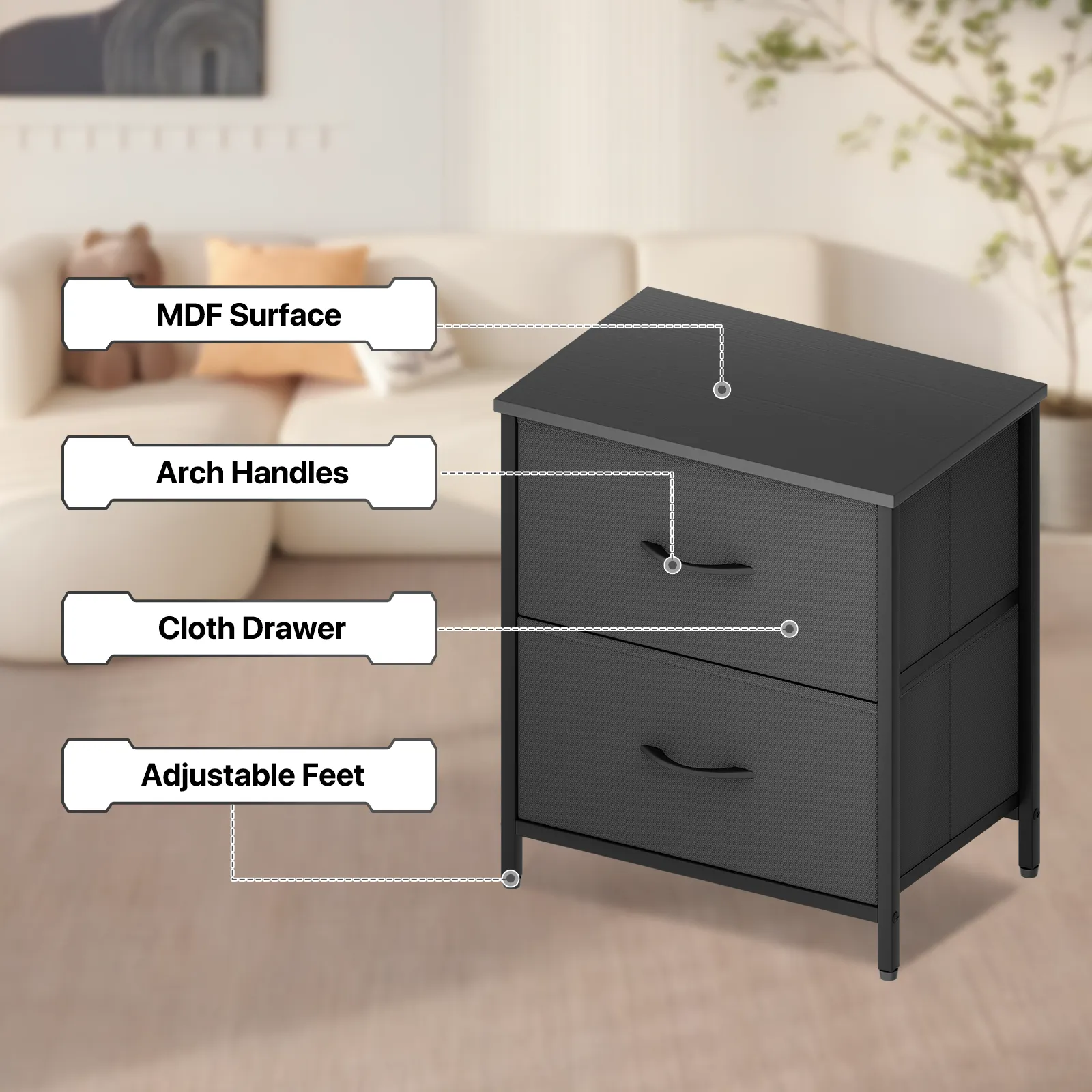 21" Nightstand Fabric Drawer Metal Frame, 2-Drawer