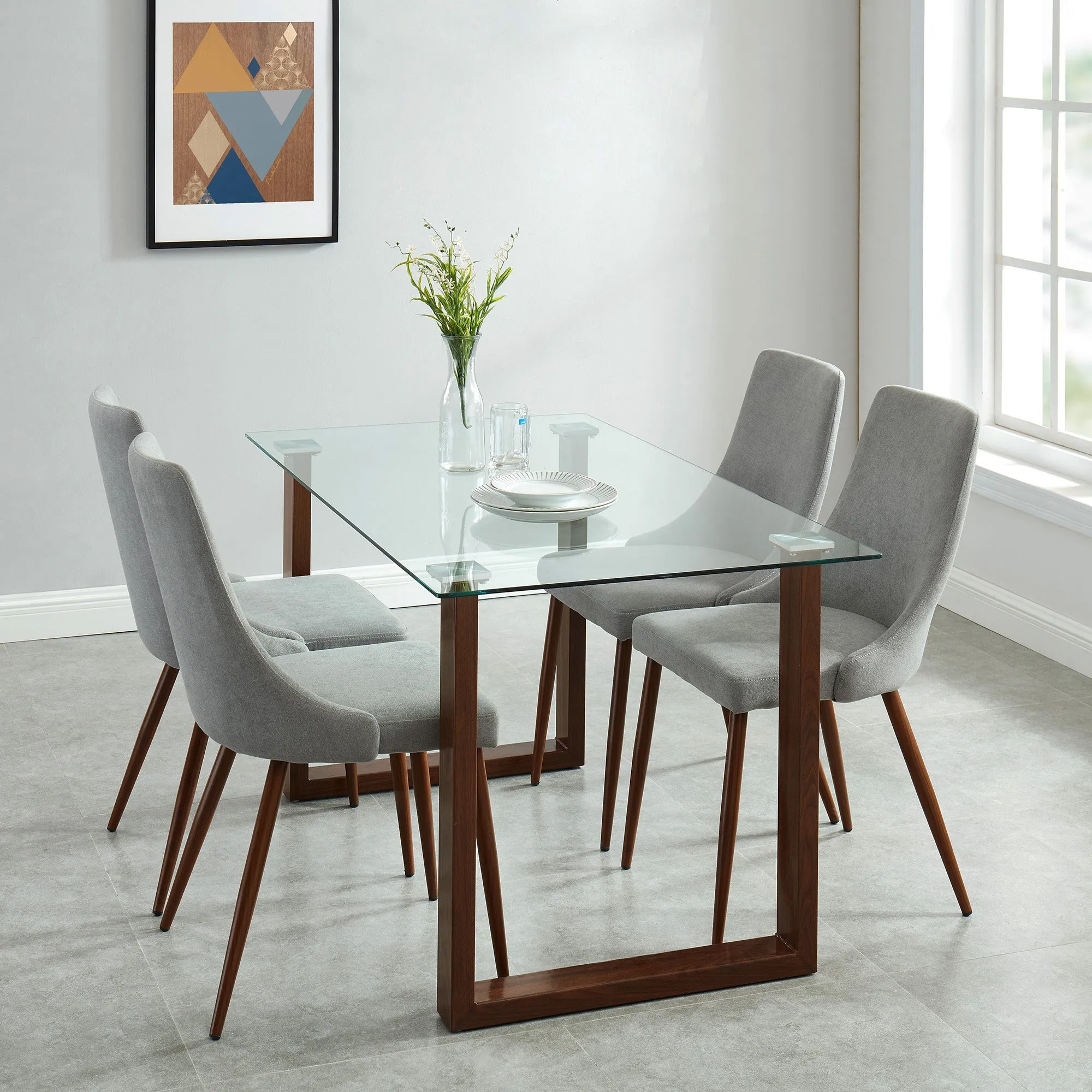 5 Piece Glass Square Dining Set Franco Walnut
