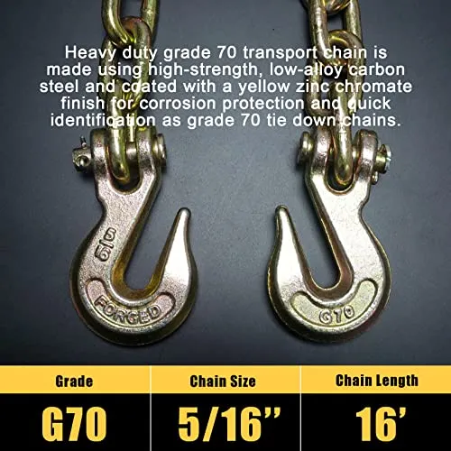 AYMMIC Transport Binder Chain,Tow Chain with 5/16'' x16',Grade 70,with Clevis Grab Hooks,4,700 lbs Working Load Limit,Tow Chain Tie Downs for Flatbed Trailers or Truck (2Pack)