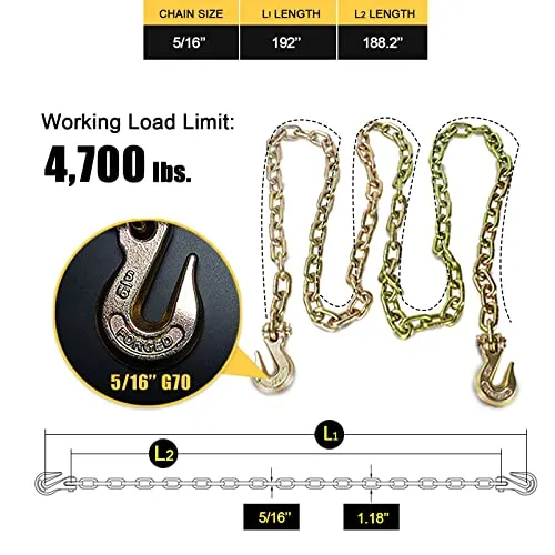 AYMMIC Transport Binder Chain,Tow Chain with 5/16'' x16',Grade 70,with Clevis Grab Hooks,4,700 lbs Working Load Limit,Tow Chain Tie Downs for Flatbed Trailers or Truck (2Pack)