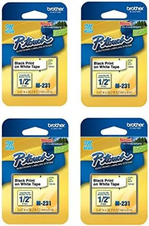 Brother Genuine M-231 1/2" Black on White Tape for P-Touch Labeler, 4 Pack