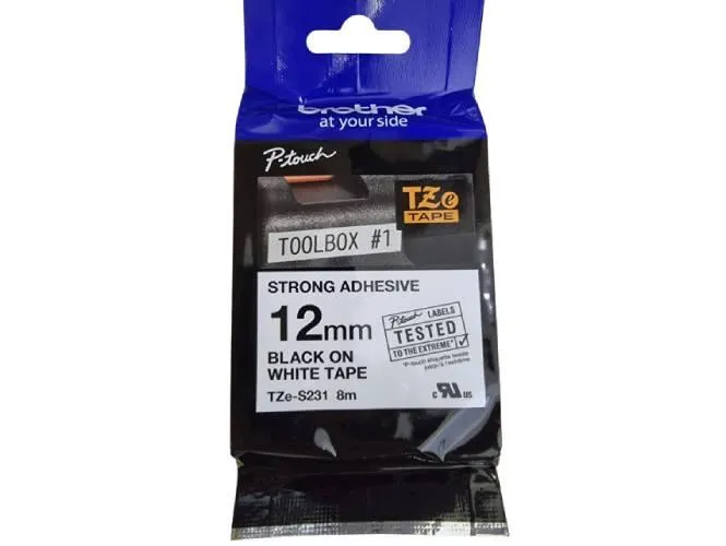 Brother P-touch 12mm TZ-S231 Strong Adhesive Tape, Black on White