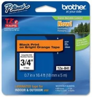 Brother Part# Tze-B41 Label Tape (OEM) 3/4" Black on Fluorescent Orange