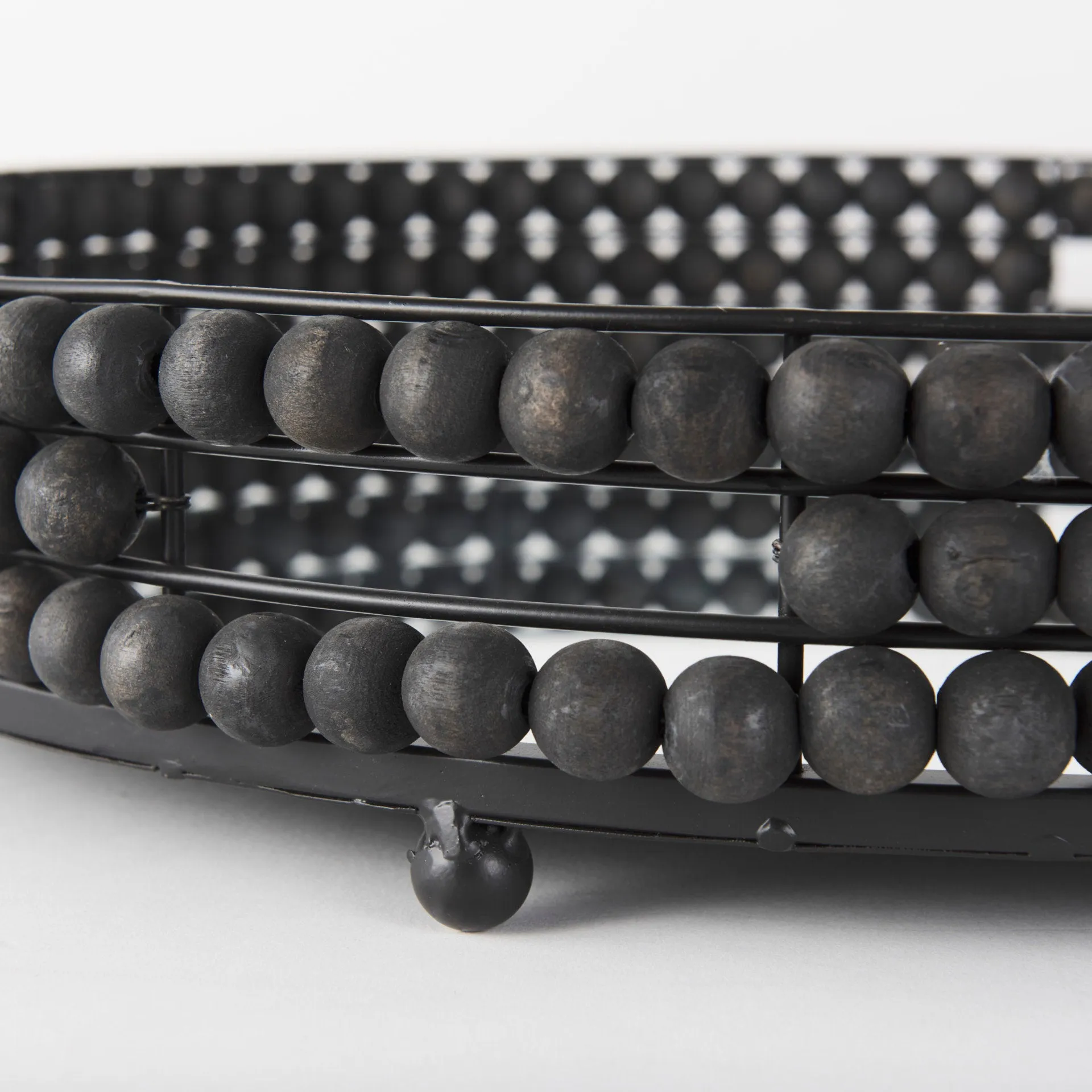 Decatur II Black Wooden Bead Mirrored Bottom Round Tray