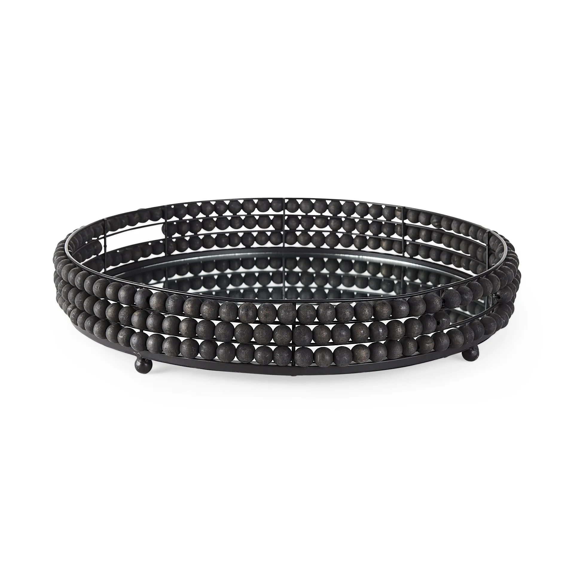 Decatur II Black Wooden Bead Mirrored Bottom Round Tray