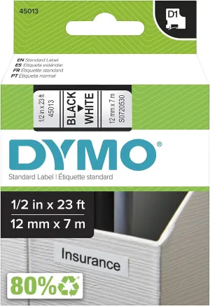 DYMO D1 Labels, 1/2-Inch X 23-Foot Roll, Black Print on White, Self-Adhesive, for Labelmanager Label Makers
