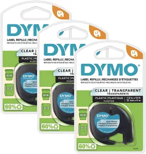 DYMO LT Labeling Tape for Letratag Label Makers, Black Print on Clear Labels, 1/2" X 13-Foot Rolls, 3 Count