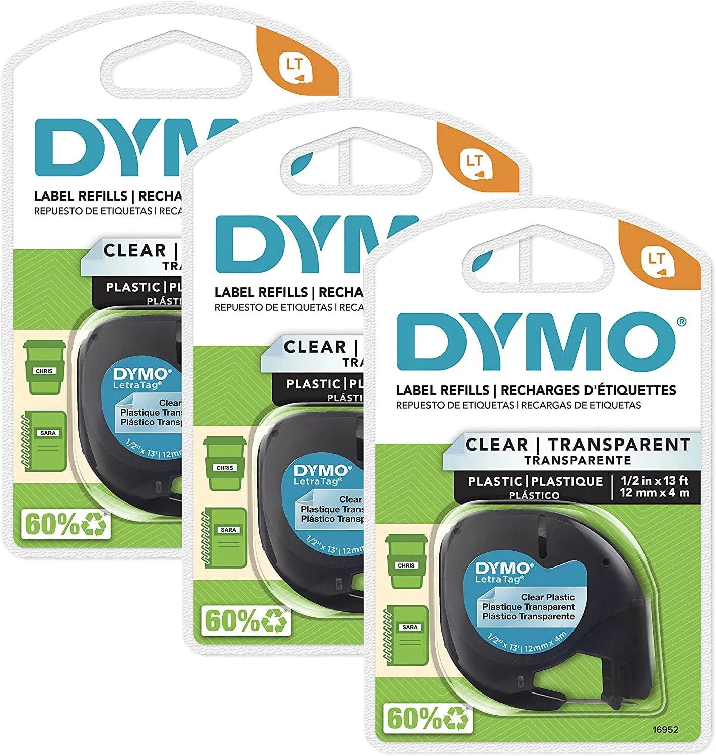 DYMO LT Labeling Tape for Letratag Label Makers, Black Print on Clear Labels, 1/2" X 13-Foot Rolls, 3 Count
