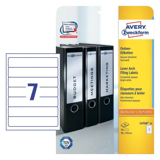 Filing Labels38 x 192 mm, Inkjet, Colour Laser, B/W Laser, Copier, for small binders, short