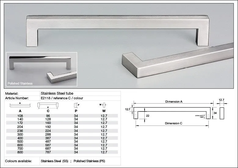 KETHY E2118 CABINET ASTTI 12.7MM SQUARE FLUSH ENDS POLISHED STAINLESS STEEL HANDLE