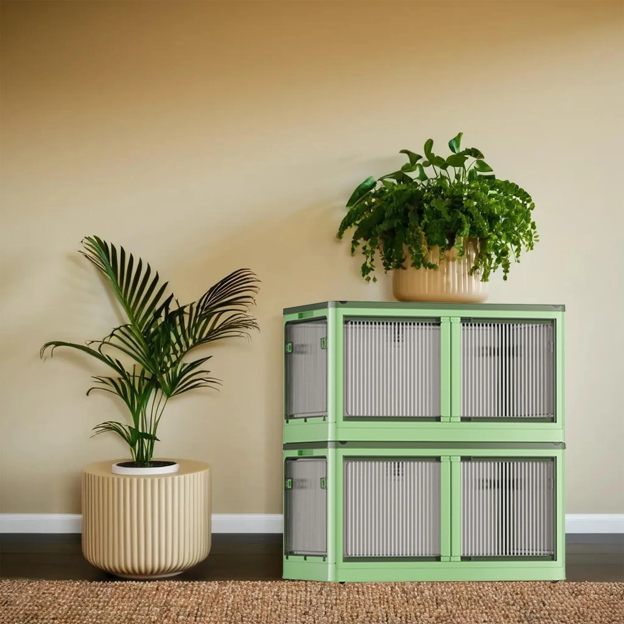 Kuber Industries Pack of 2 Stackable Storage Box With Double Door | Foldable Storage Box With Lid & Wheel | Collapsible Storage Bin for Closet Organizers & Storage | XM9003G | Green