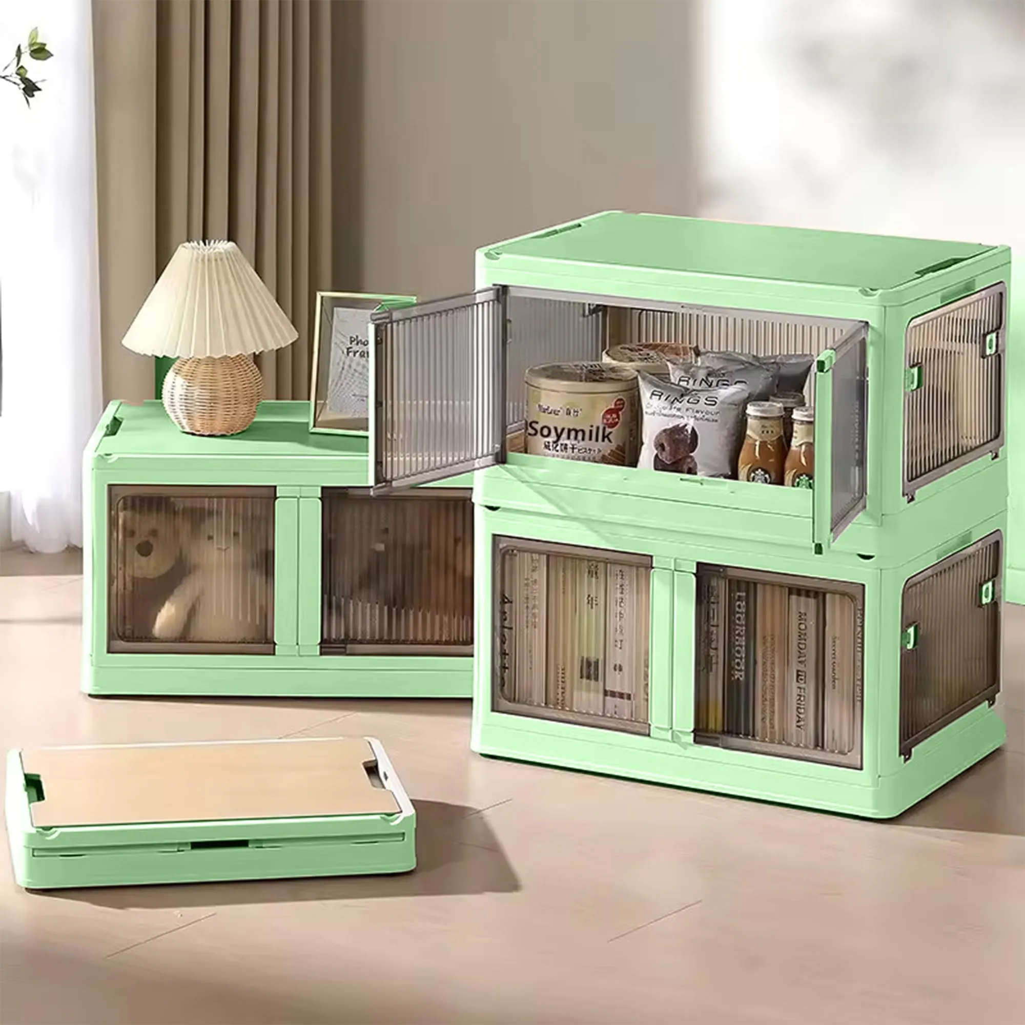 Kuber Industries Pack of 2 Stackable Storage Box With Double Door | Foldable Storage Box With Lid & Wheel | Collapsible Storage Bin for Closet Organizers & Storage | XM9003G | Green