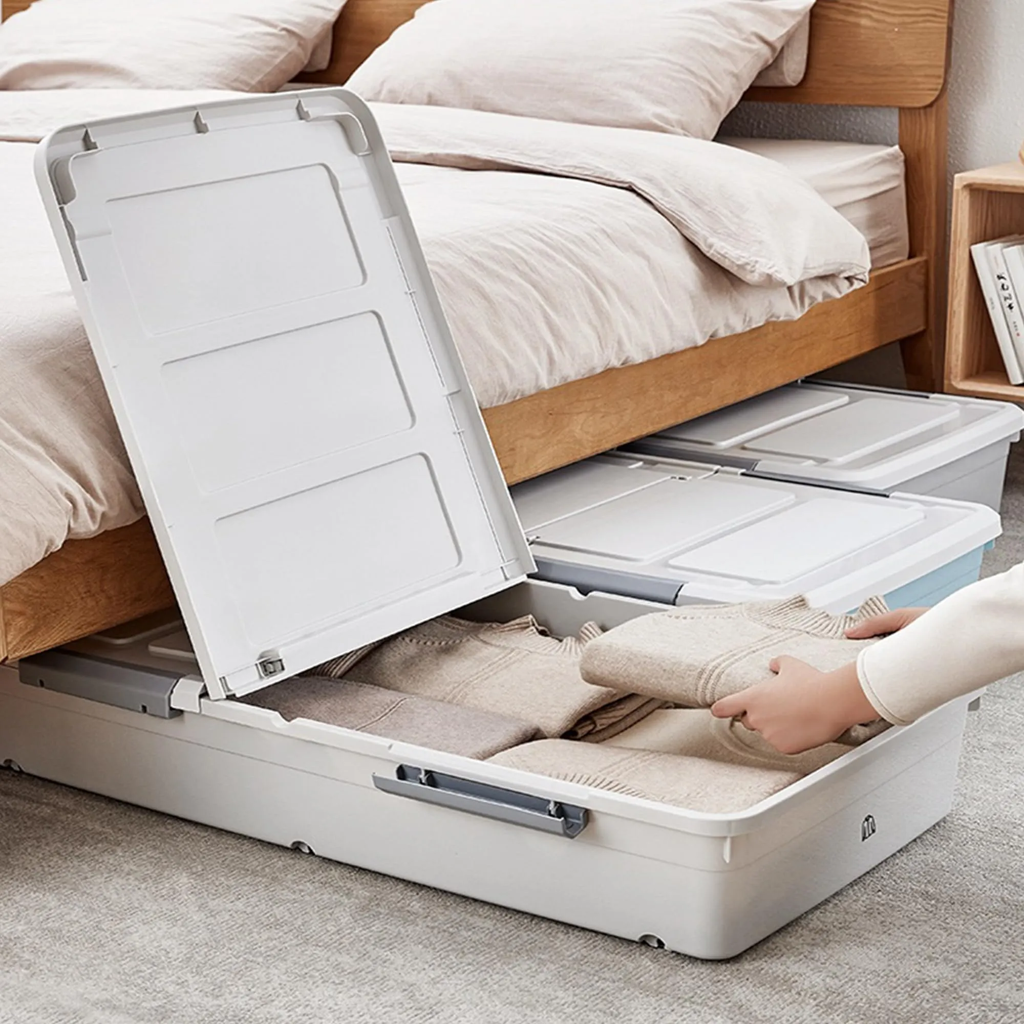 Kuber Industries Pack of 2 Underbed Storage Box | Storage Box with Double Open Lid and Wheels | Multipurpose Dustproof & Stackable Storage Box | YN156 | Gray & White
