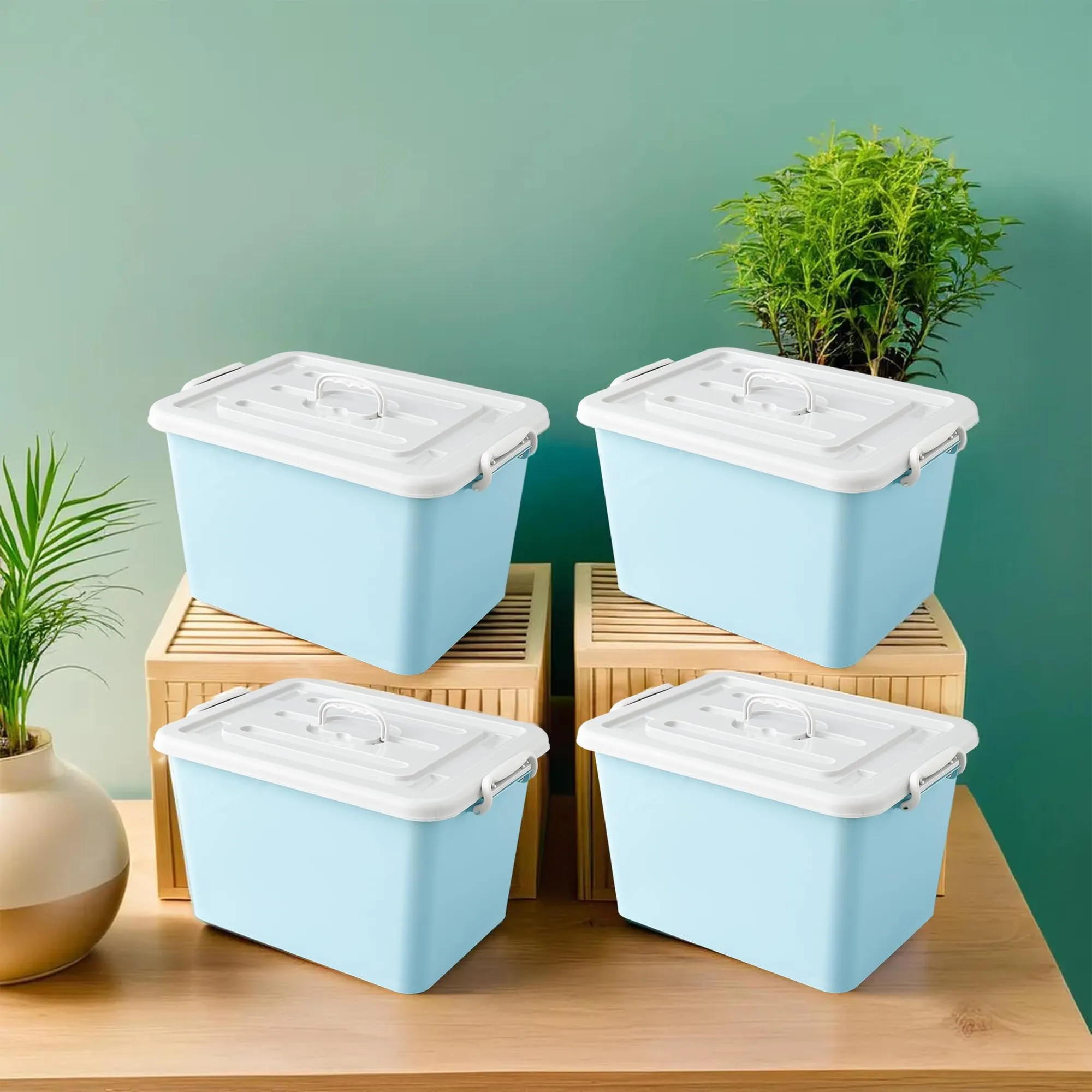 Kuber Industries Pack of 4 Rectangular Storage Box | Storage Box with Lid and Double Side Handles | Stackable Storage Box with Wheel | YN6258 | Blue