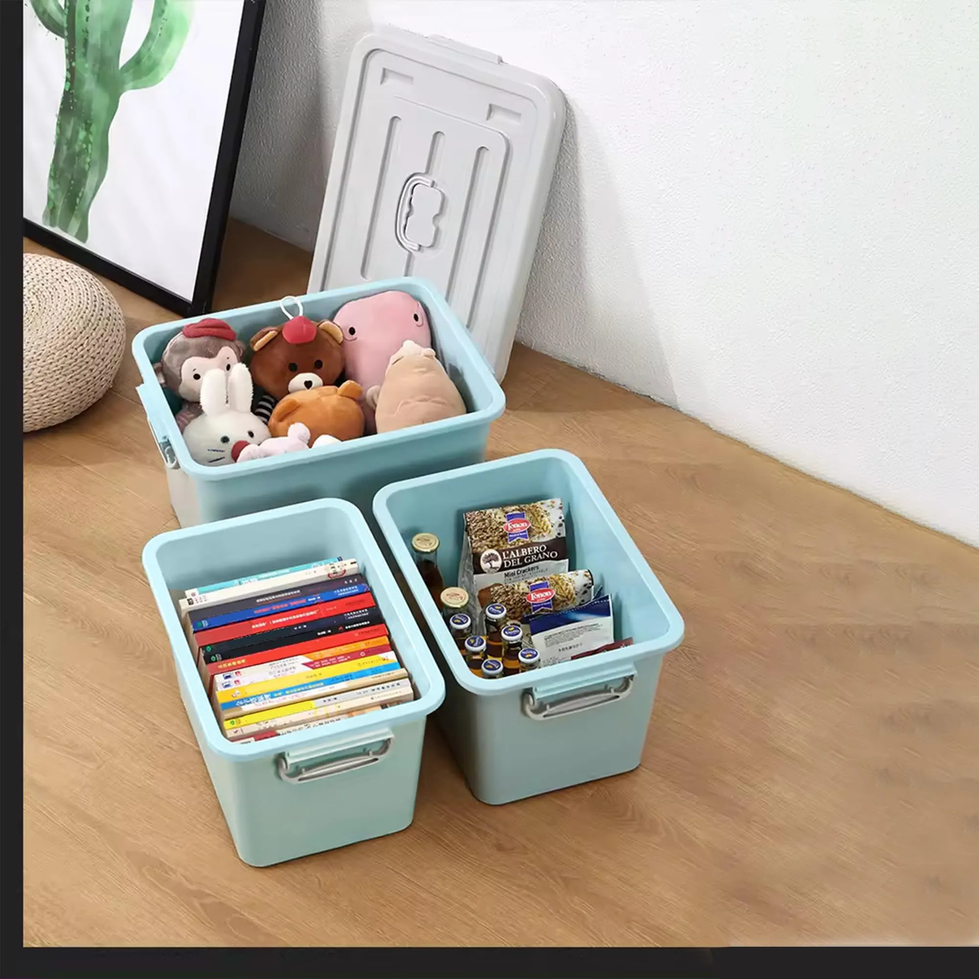 Kuber Industries Pack of 4 Rectangular Storage Box | Storage Box with Lid and Double Side Handles | Stackable Storage Box with Wheel | YN6258 | Blue