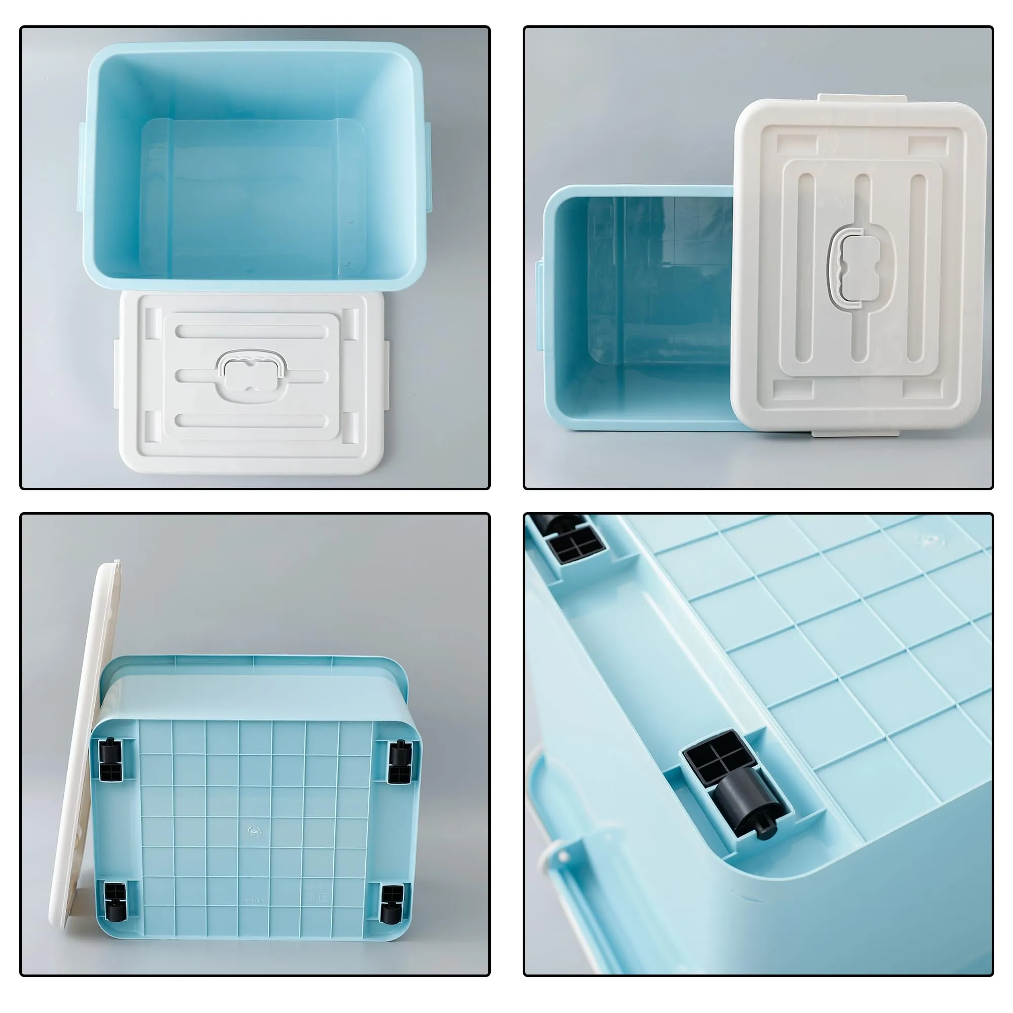 Kuber Industries Pack of 4 Rectangular Storage Box | Storage Box with Lid and Double Side Handles | Stackable Storage Box with Wheel | YN6258 | Blue