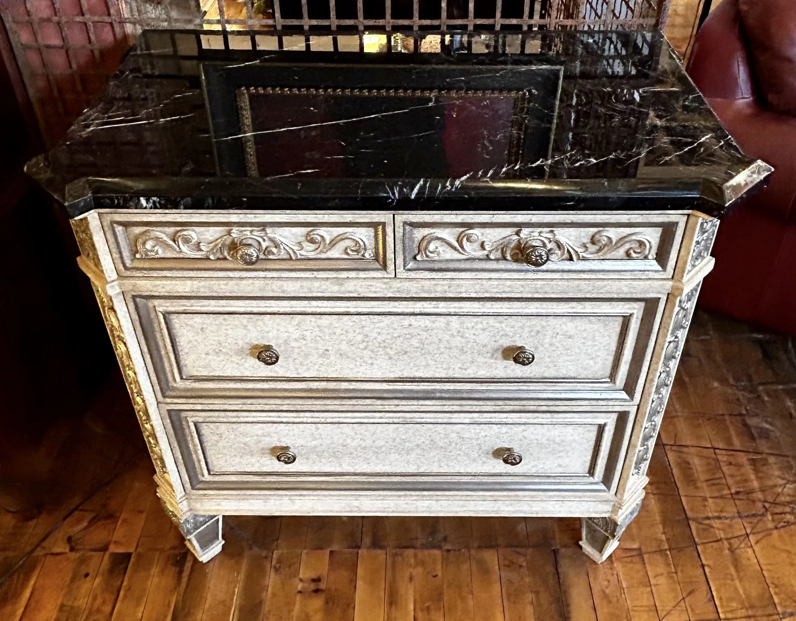 Marge Carson Dresser Cabinet, Four Drawer, Black Marble Top
