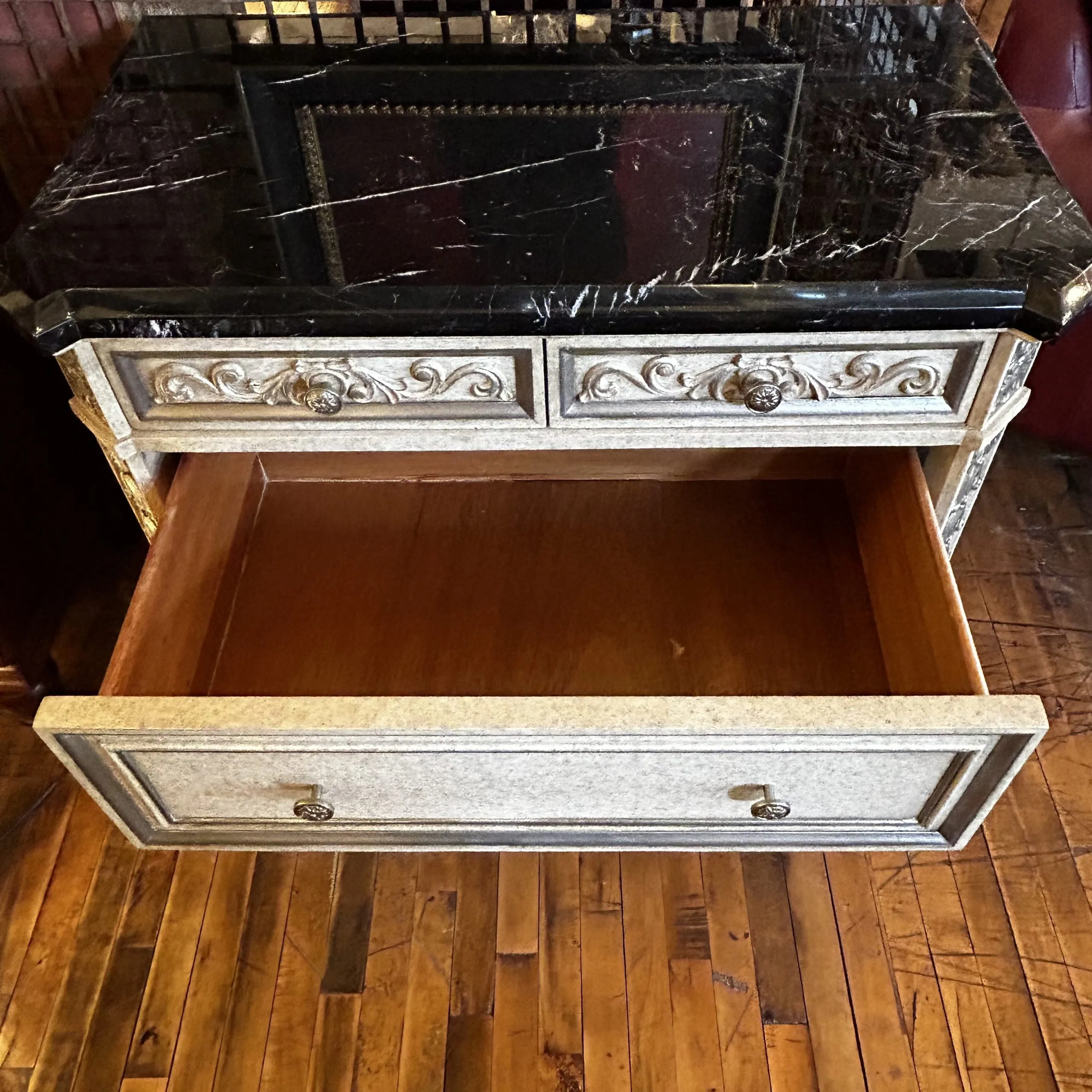 Marge Carson Dresser Cabinet, Four Drawer, Black Marble Top