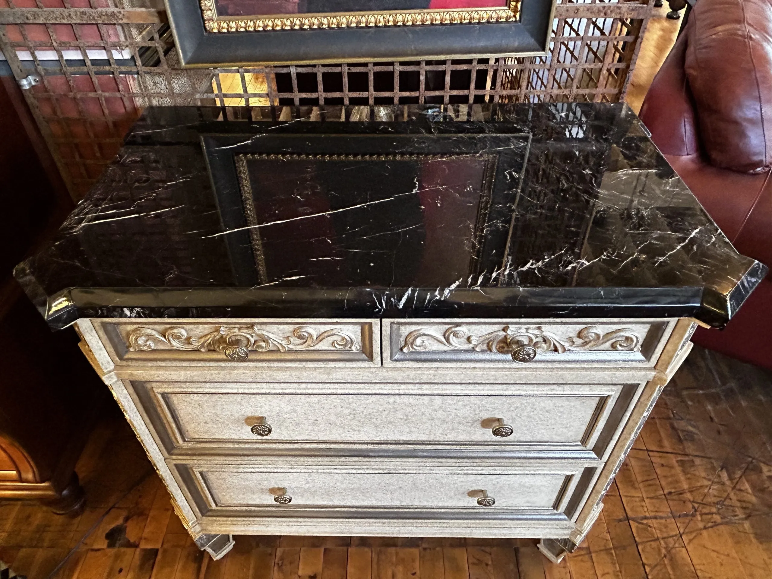 Marge Carson Dresser Cabinet, Four Drawer, Black Marble Top