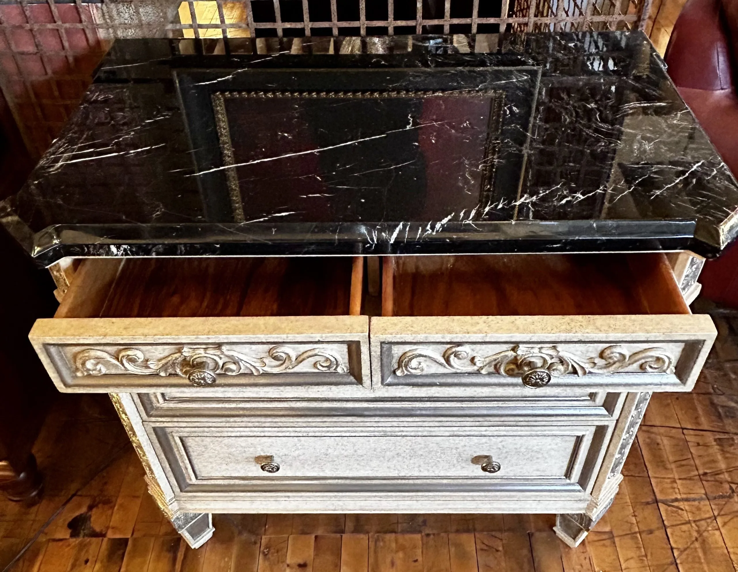 Marge Carson Dresser Cabinet, Four Drawer, Black Marble Top