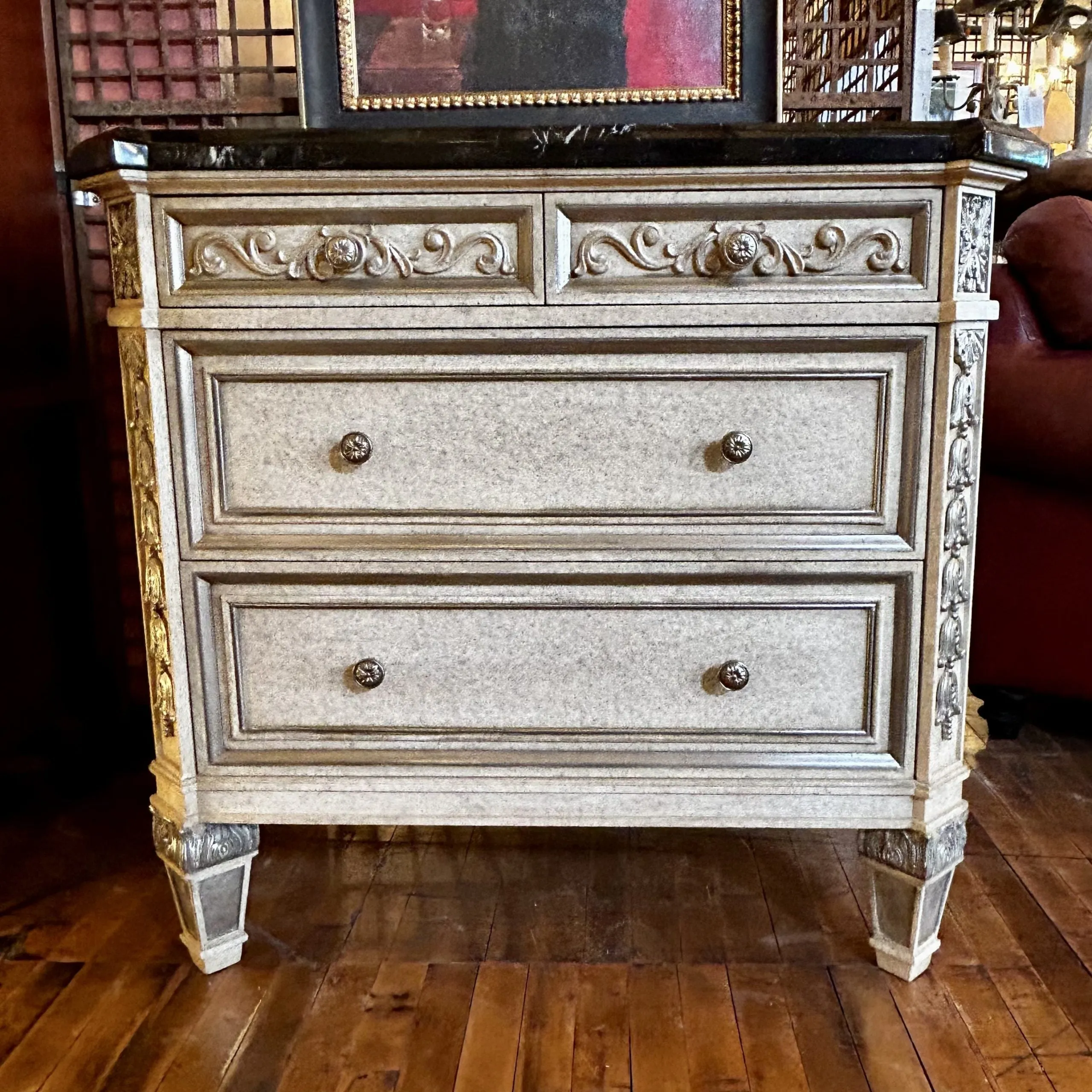Marge Carson Dresser Cabinet, Four Drawer, Black Marble Top