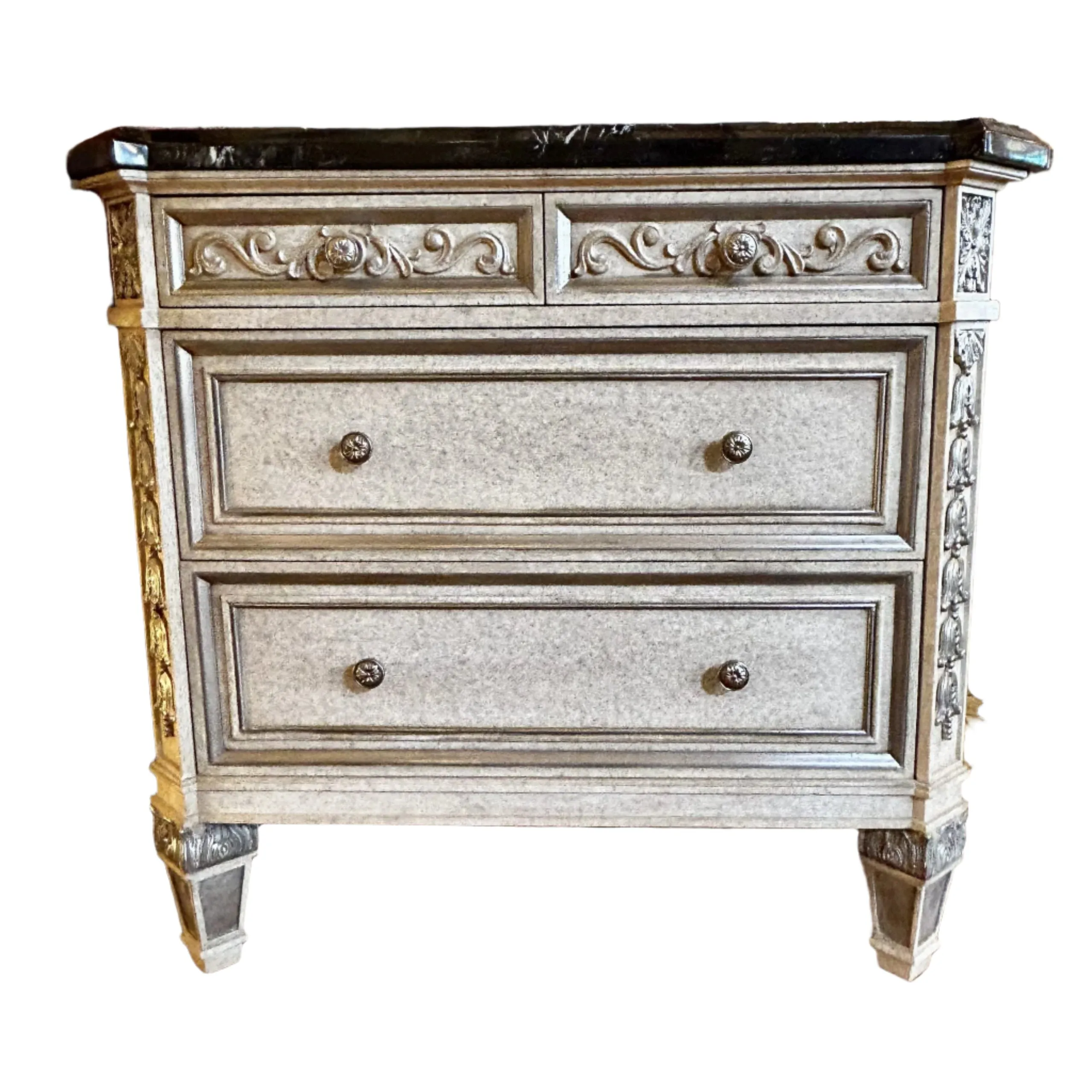 Marge Carson Dresser Cabinet, Four Drawer, Black Marble Top