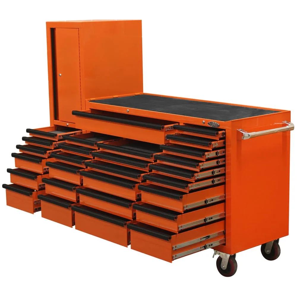 MAXIM 80” Orange 28 Drawer Workstation Toolbox - Roll Cabinet & Locker Toolbox Secure Lock