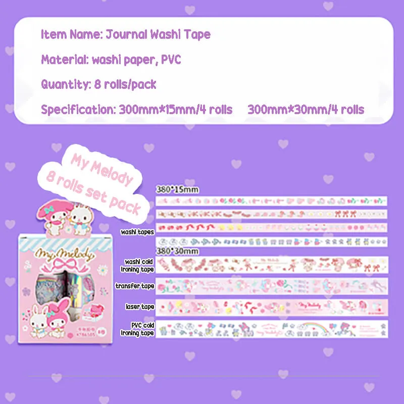 Sanrio Aesthetic 8 Rolls Pack Journal Washi Tapes