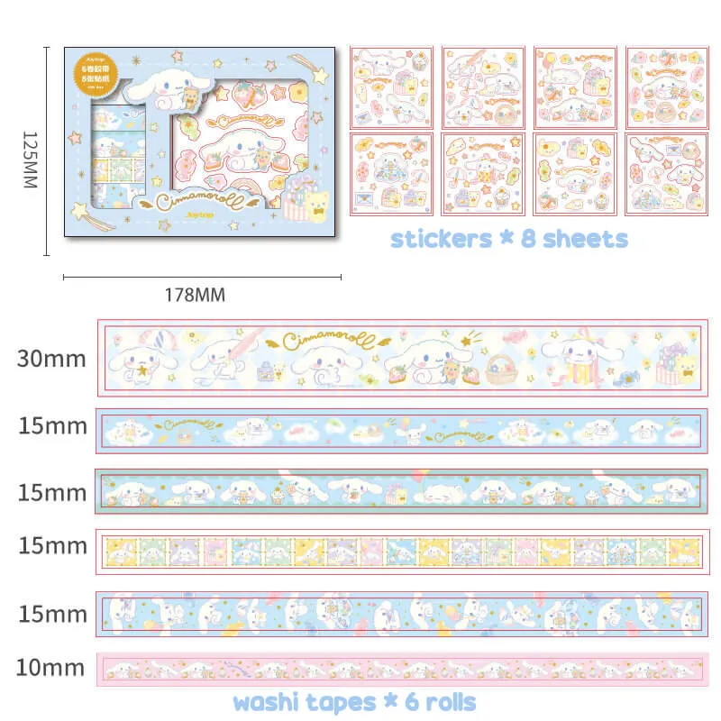Sanrio Journal Gift Set 6 Rolls Washi Tapes & 8 Sheets Stickers