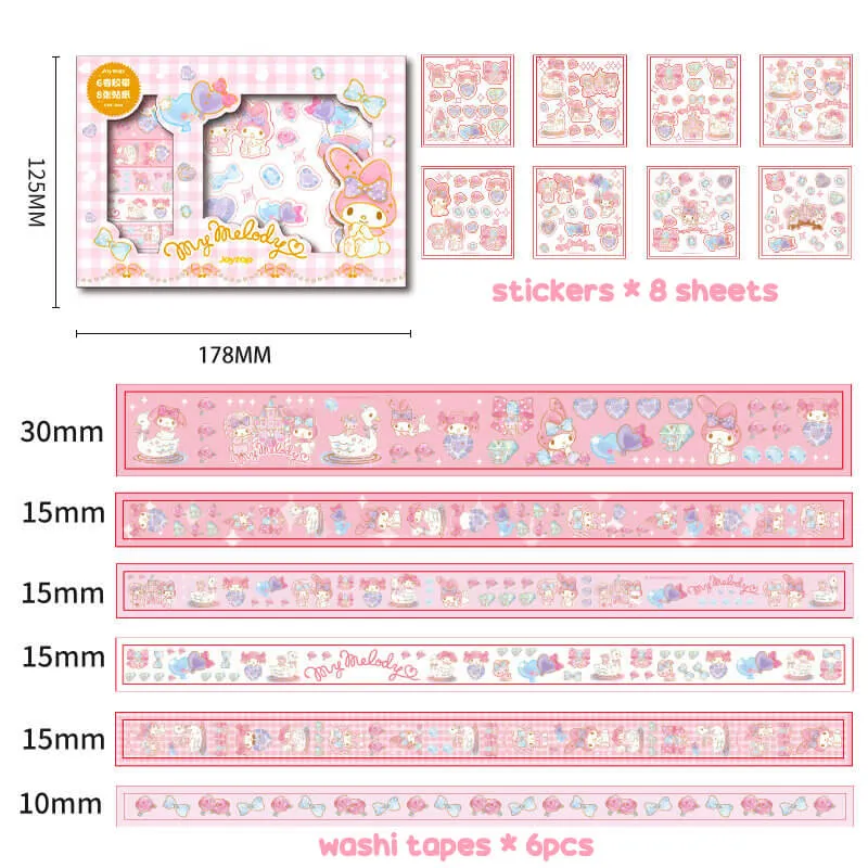 Sanrio Journal Gift Set 6 Rolls Washi Tapes & 8 Sheets Stickers