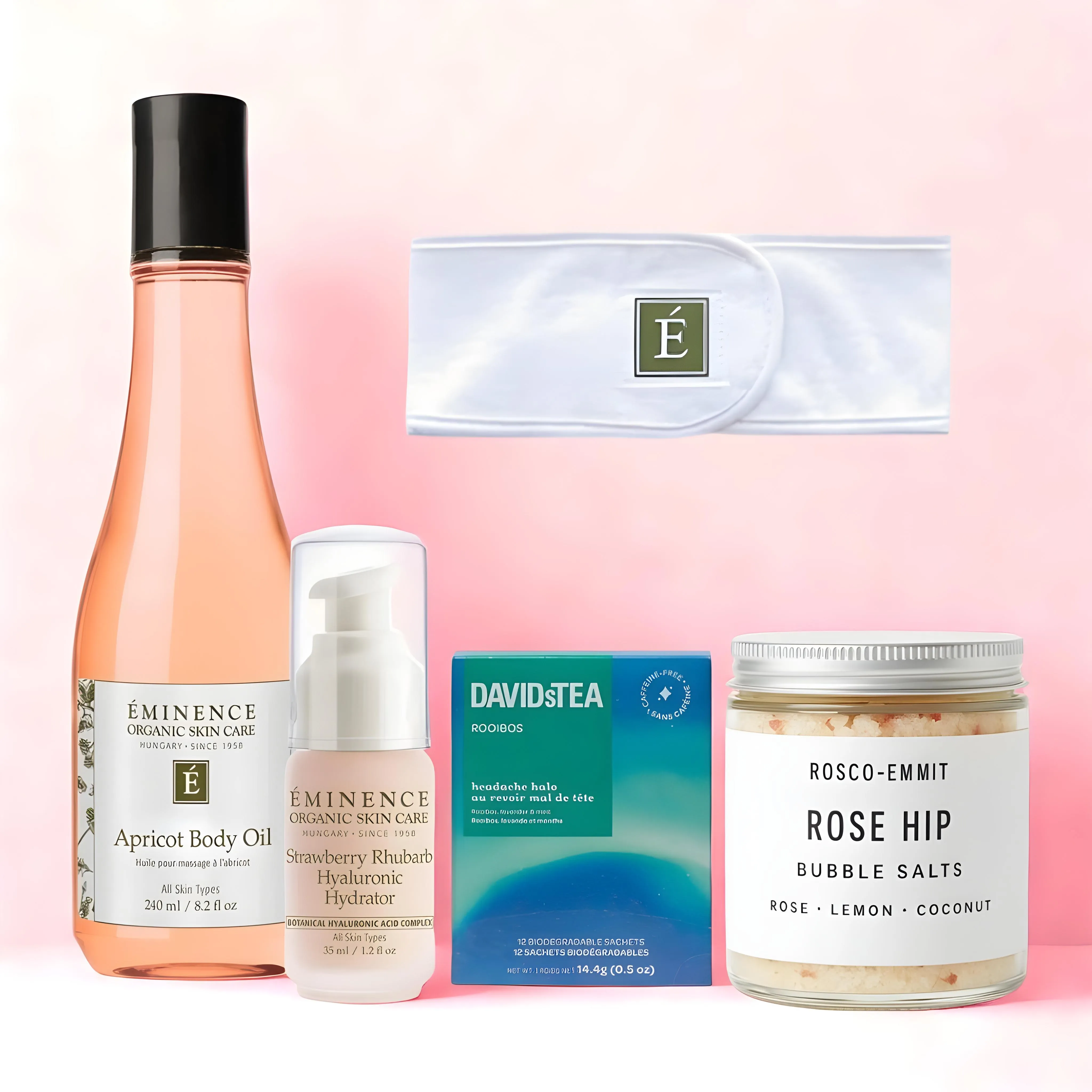 Spa Day! Mothers Day Set (Spa Headband   Strawberry Rhubarb Masque   Apricot Body Oil   Rosco Emmit Bubble Salts - Rose Hip   David's Tea - Headache Halo (Pack of 12))
