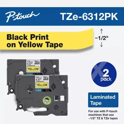 TZe6312PK Brother 1/2" Black on Yellow Tape (2-Pack)