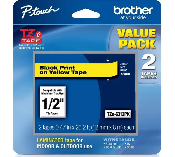 TZe6312PK Brother 1/2" Black on Yellow Tape (2-Pack)