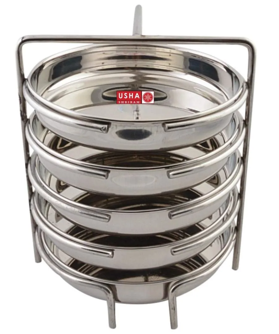 USHA SHRIRAM Stainless Steel Dhokla Maker Plate (Round - 5 Plate) with Handle | Dhokla Stand | Dhokla Plate Only | Thattu Idli Plate | Idli and Dhokla Maker | Khaman Dhokla Plate